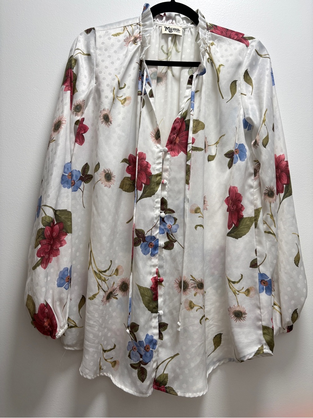 Show Me Your MuMu White Floral Tie-Neck Blouse with Red & Blue Blooms